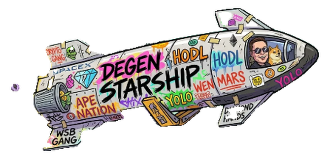 Degen Starship rocket covered in crypto slogans with Elon and a dog in the cockpit